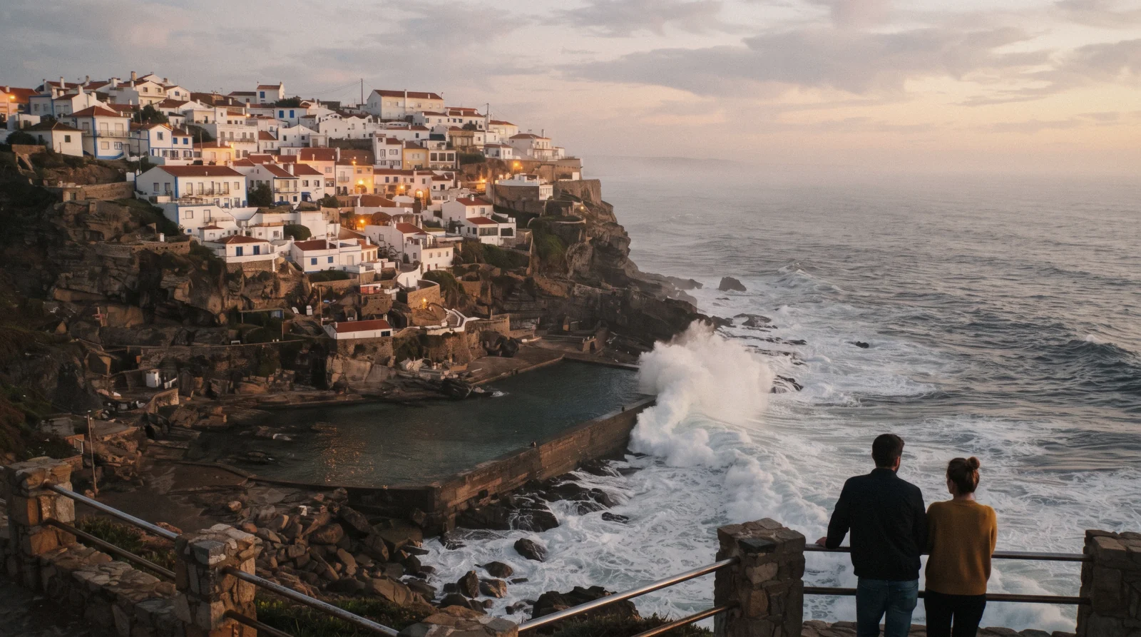 White houses stepping down the cliff to the seawater pool at Azenhas do Mar on the Sintra coast, Portugal