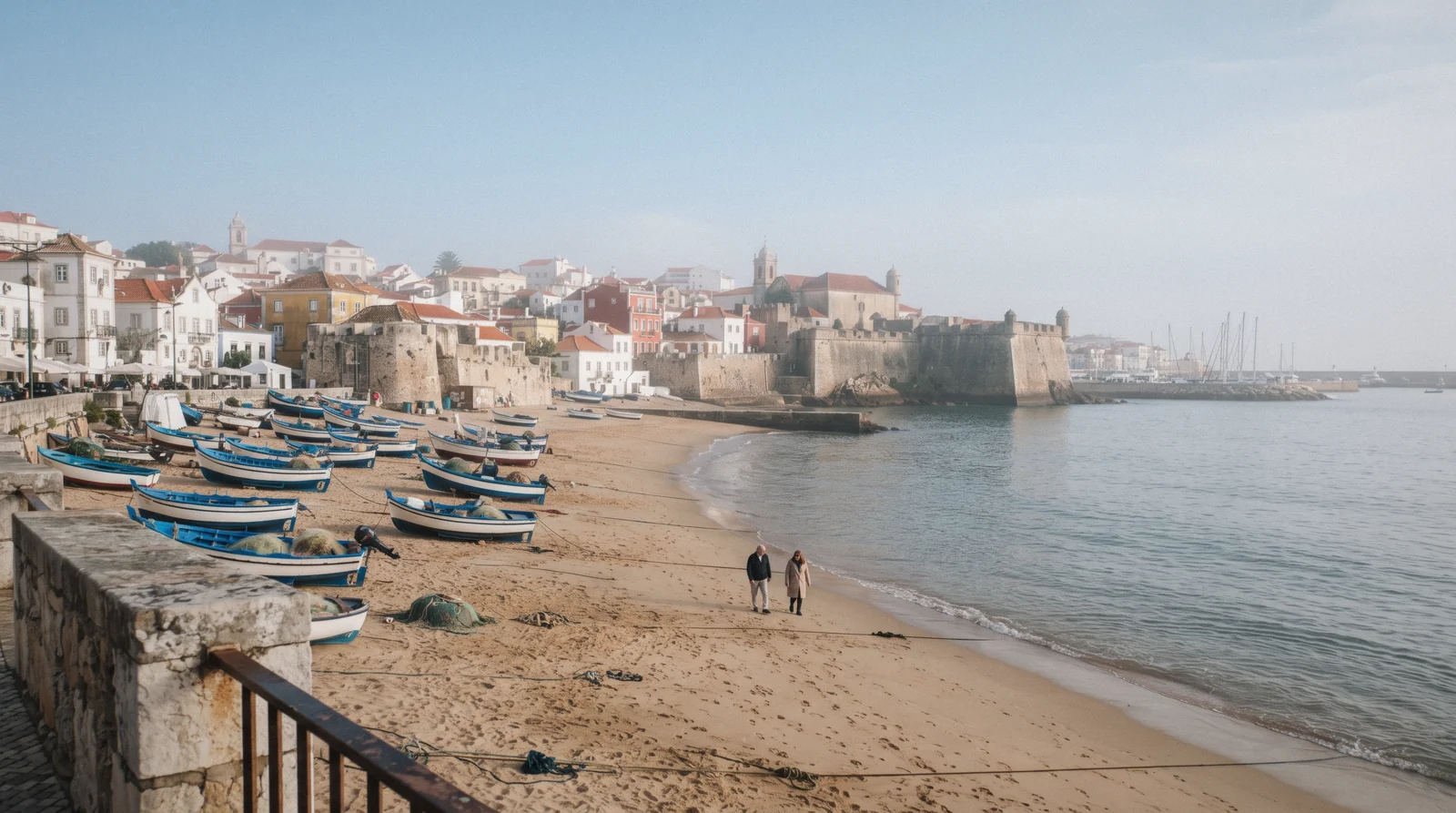 Fishing boats on Praia da Ribeira below the old town of Cascais, the seaside day trip from Sintra