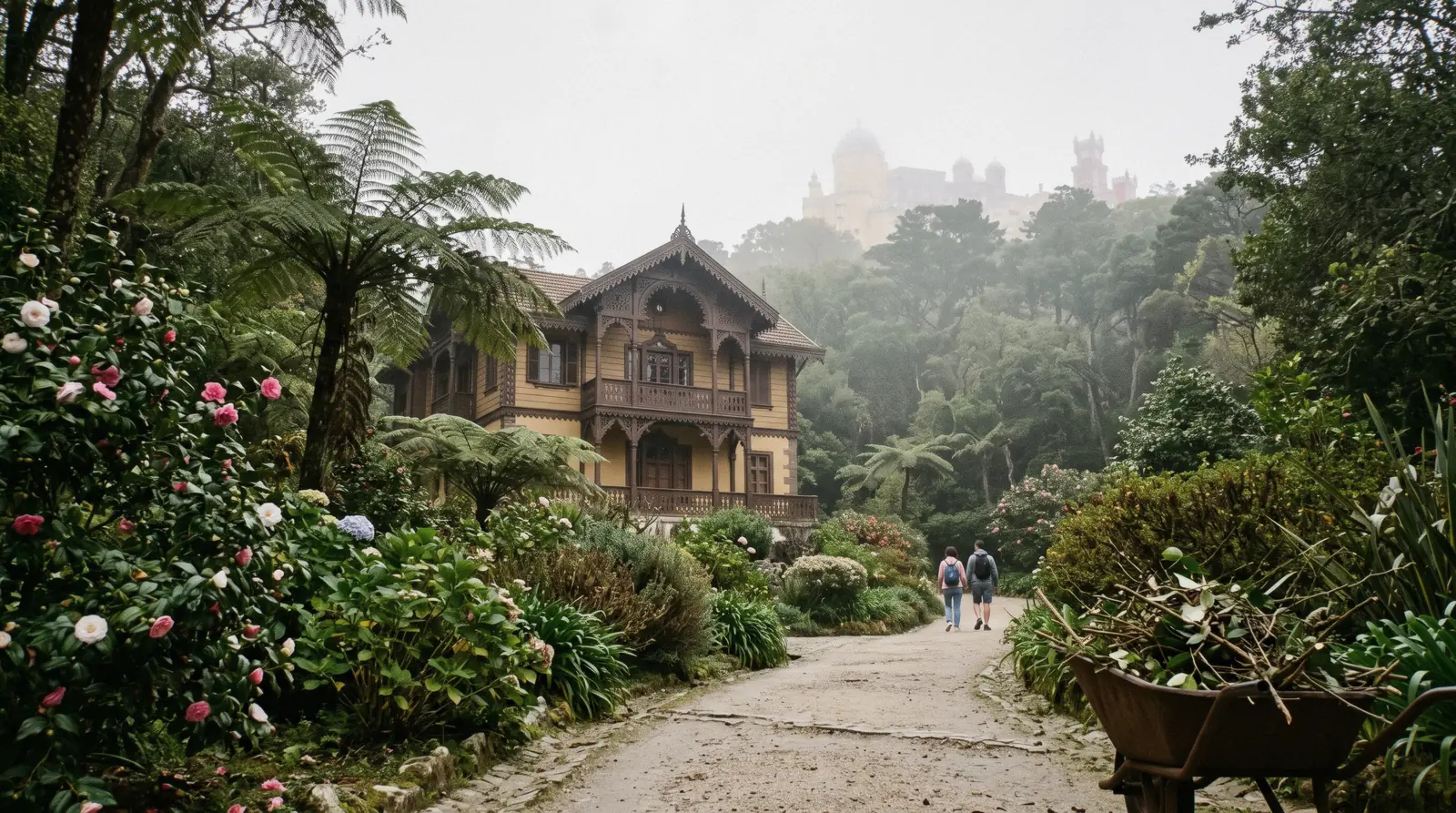 The alpine-style Chalet of the Countess of Edla among trees in the western Park of Pena, Sintra, Portugal