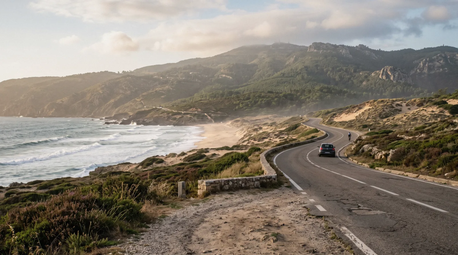 The coast road below the Serra de Sintra near Guincho, the route most day trips from Sintra take towards Cascais