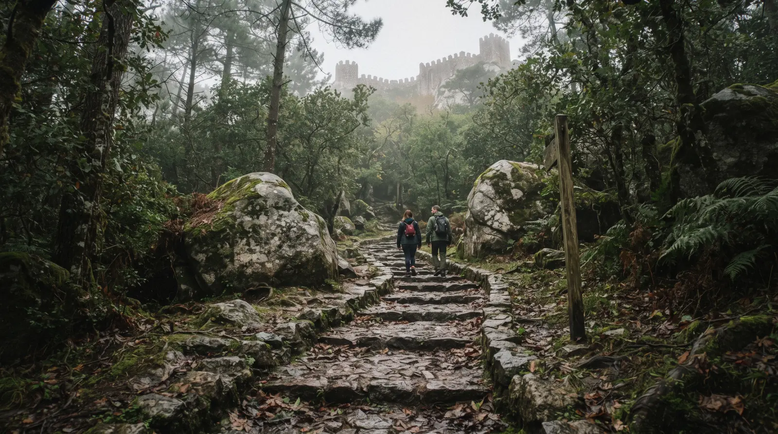 A forest trail climbing through mossy granite boulders toward the Moorish Castle walls in Sintra, Portugal
