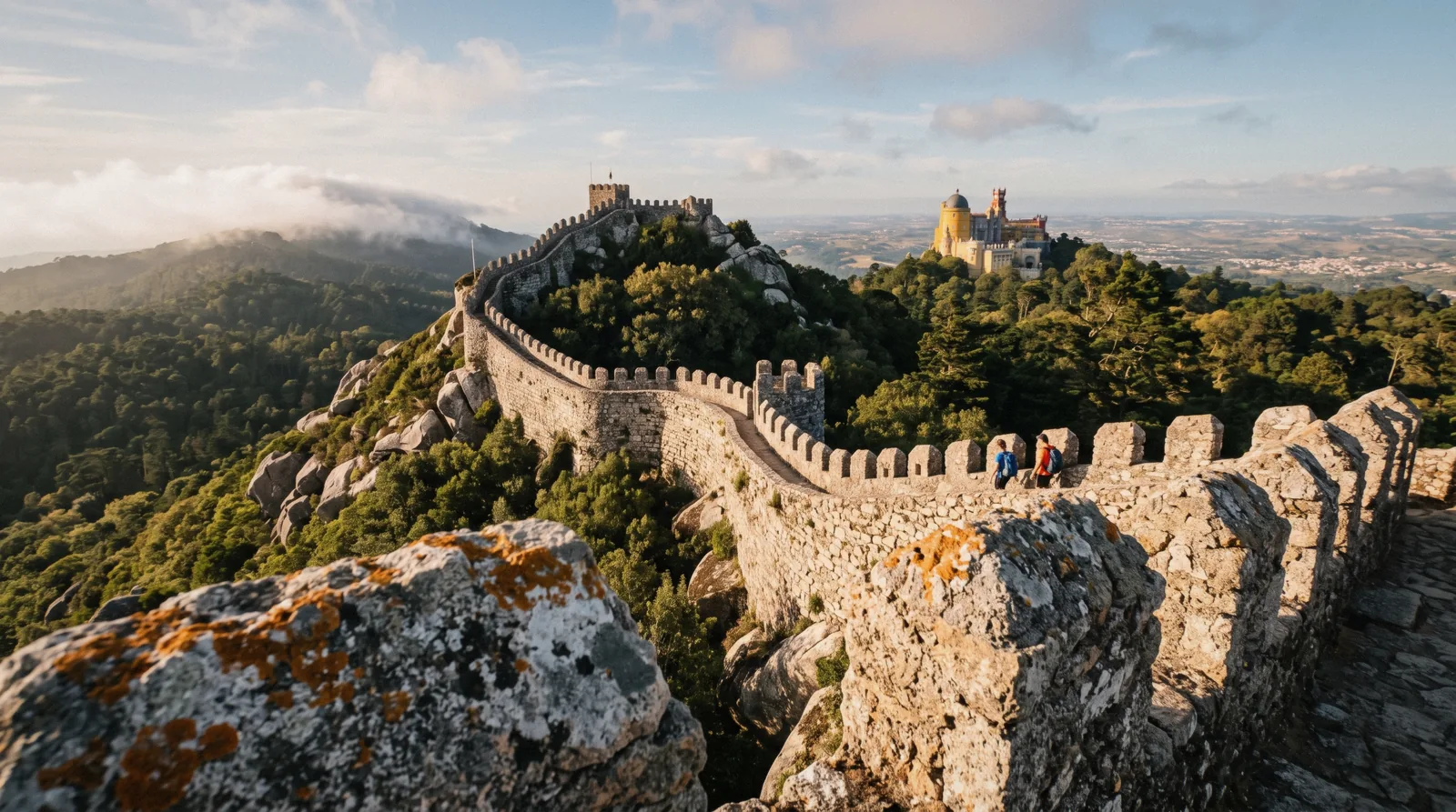 The granite walls of the Moorish Castle running along the ridge above Sintra, with Pena Palace on the next hill, Moorish Castle Sintra, Portugal