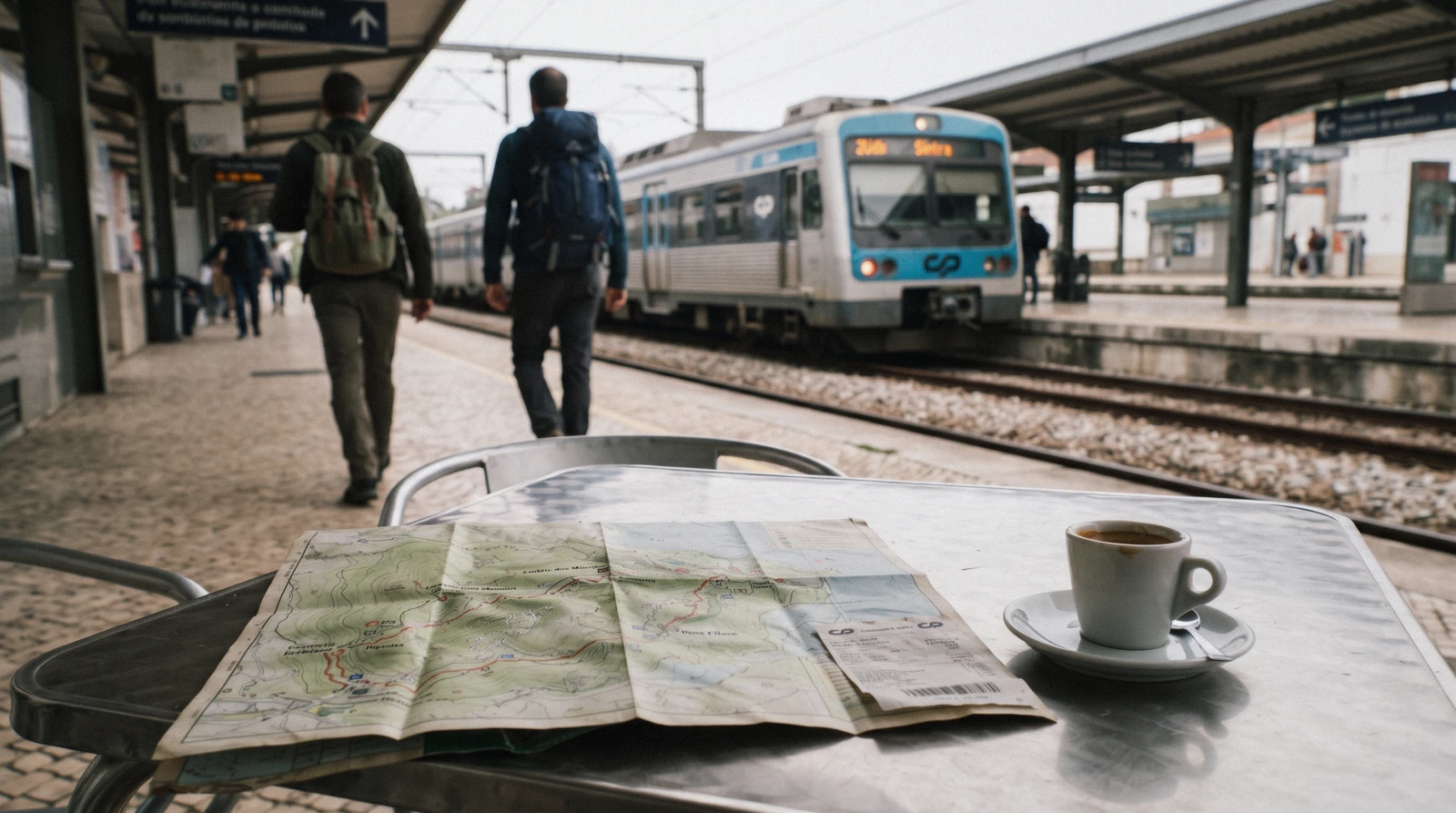 A paper map of the Sintra hills, a train ticket and a coffee at Sintra station, the start of Sintra travel planning
