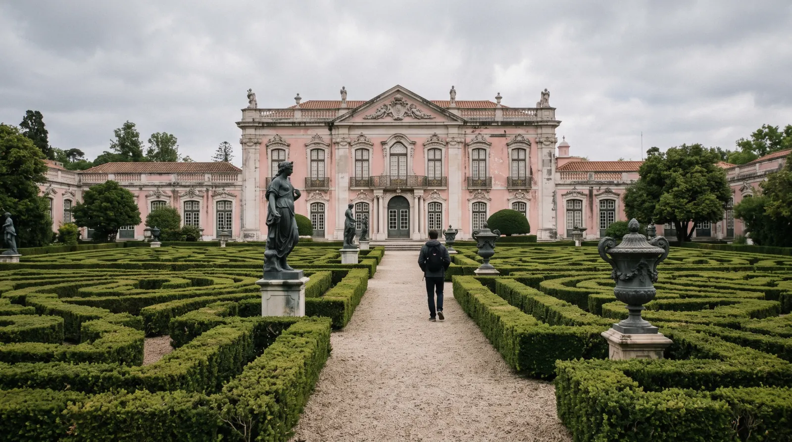 The pink ceremonial facade of Queluz Palace behind the clipped box hedges of its formal garden, on the train line from Sintra