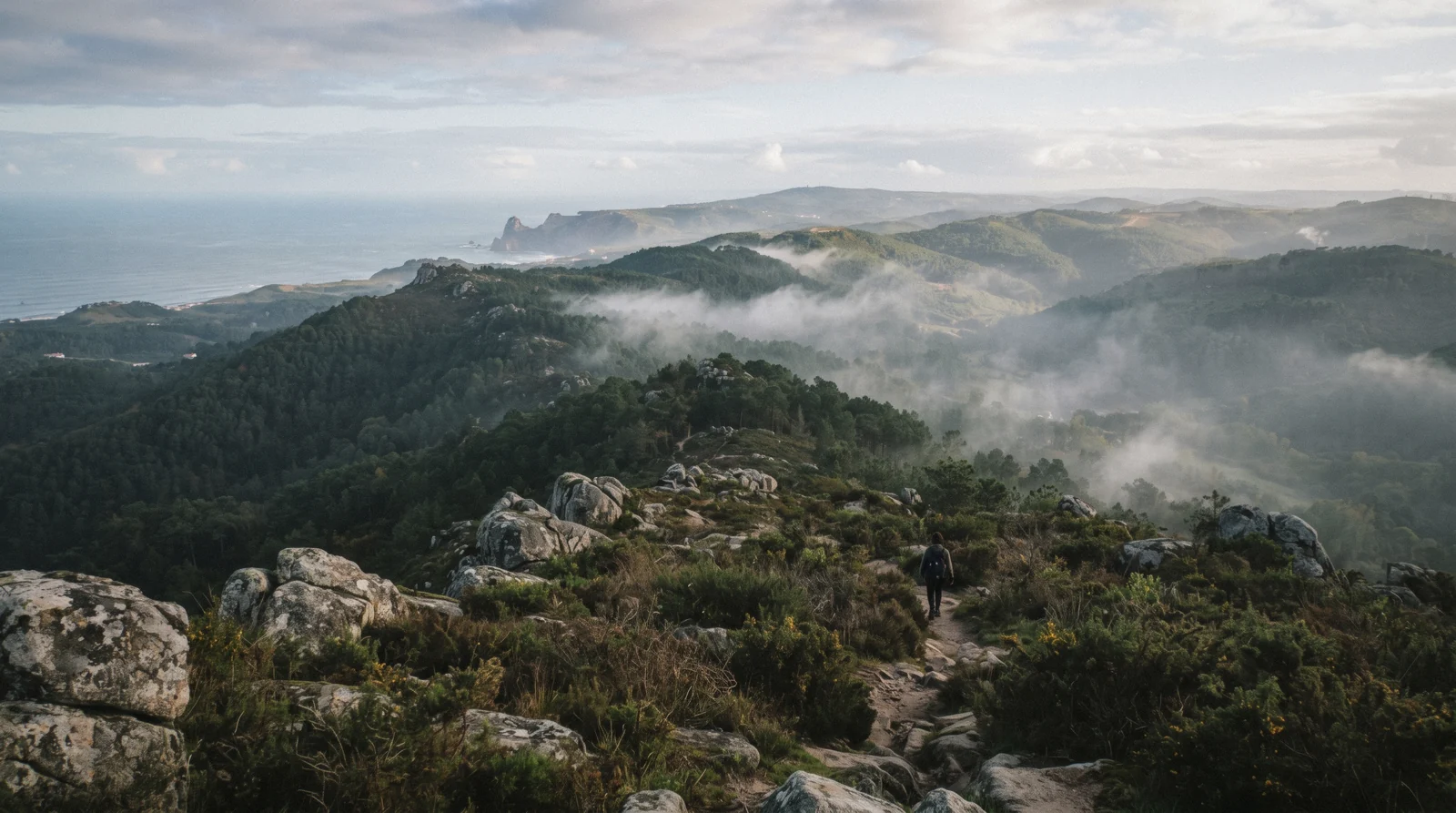 Granite boulders and forest on the Serra de Sintra ridge above the Atlantic in the Sintra-Cascais Natural Park, Portugal