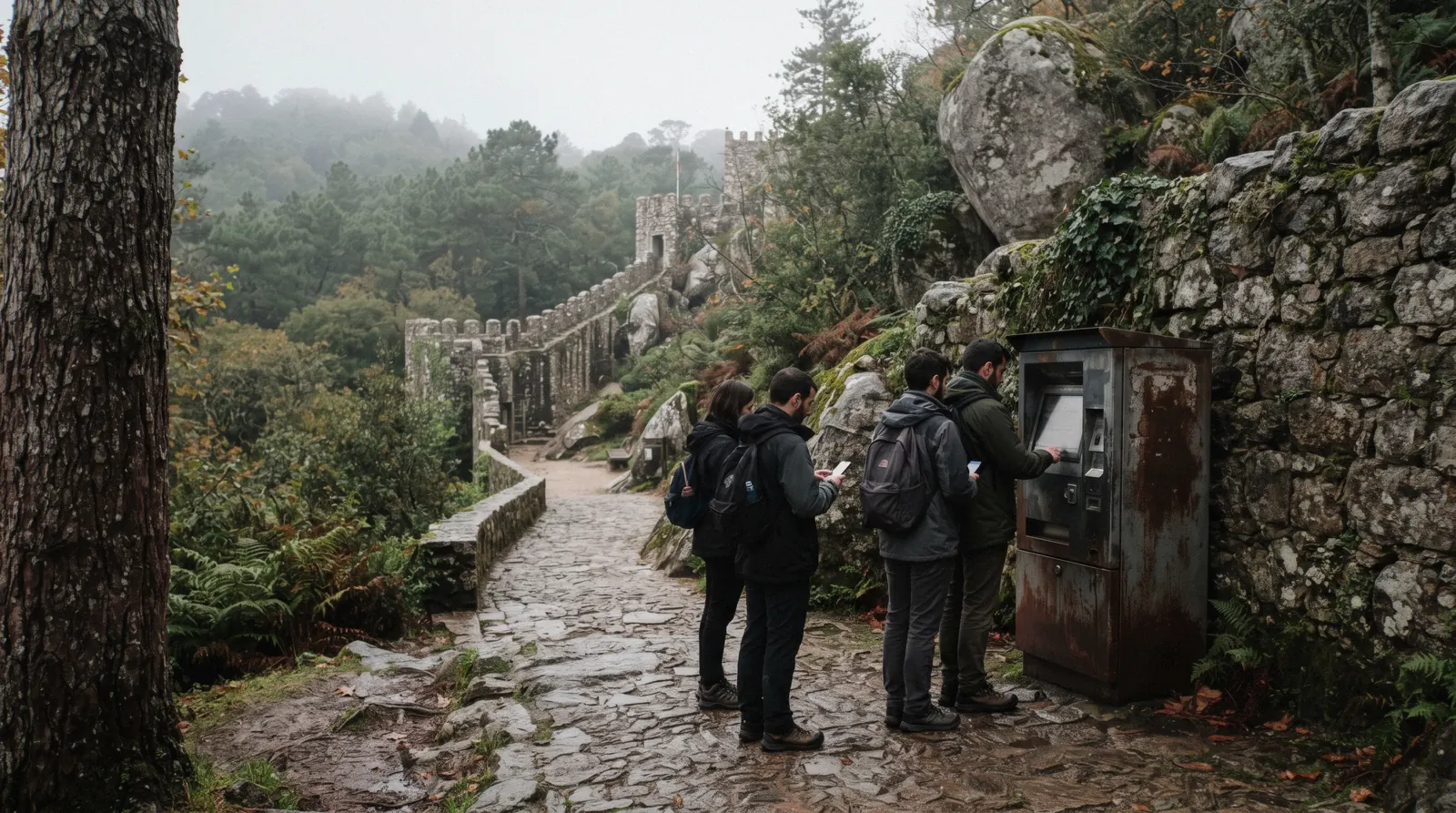 A ticket machine and a short queue at the Moorish Castle gate, where much of the Sintra cost of a day is paid