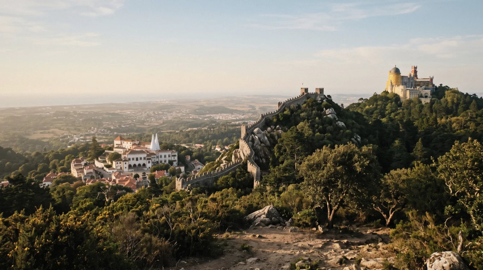Pena Palace, the Moorish Castle walls and the town below seen together from the Serra, the view a Sintra map lays out