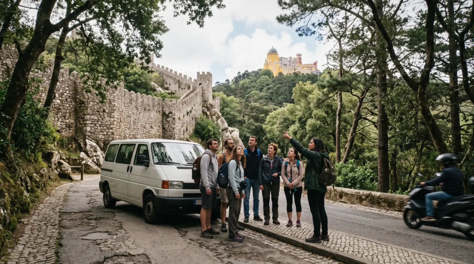 A guide with a small group on the forest road below the Moorish Castle, pointing up towards Pena Palace on a Sintra tour
