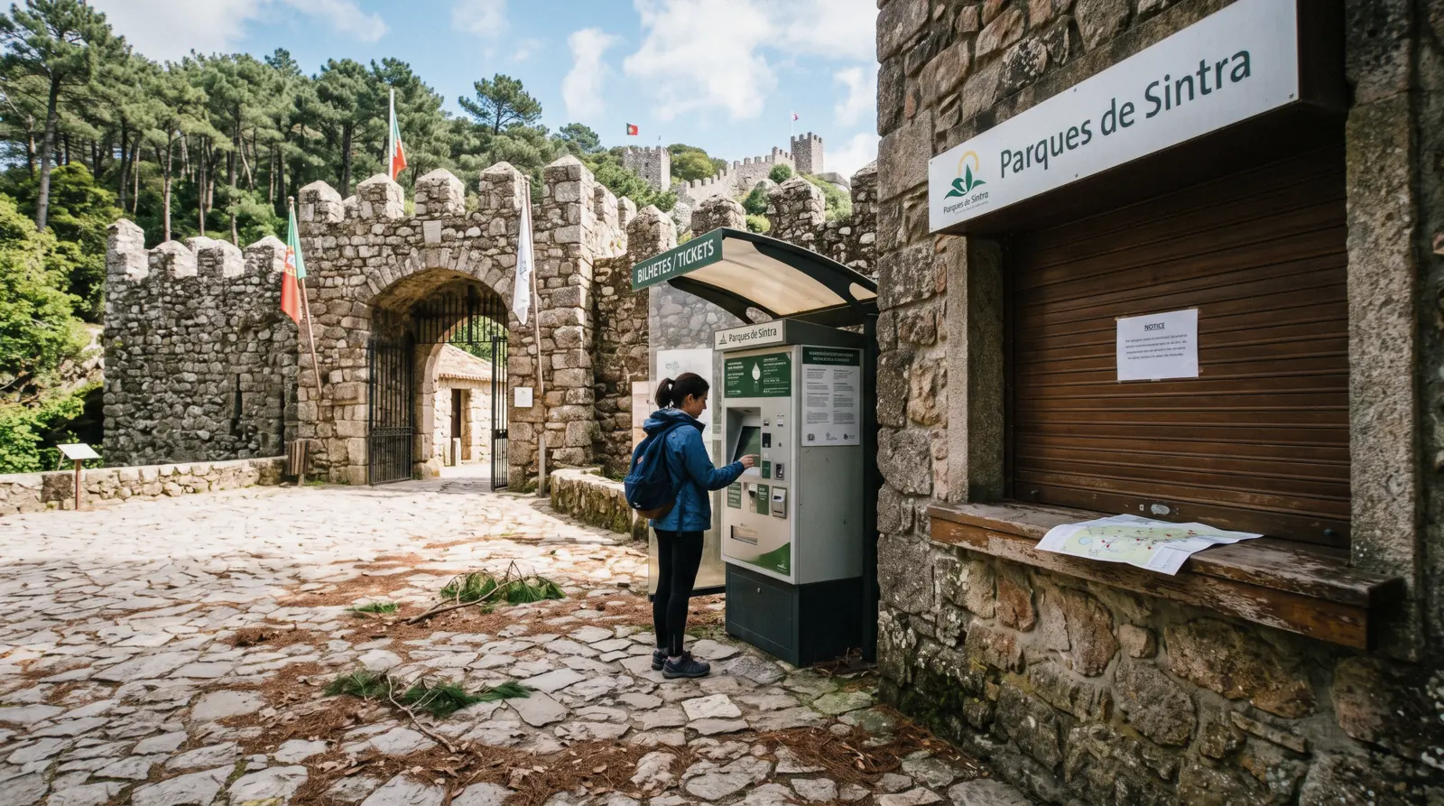 A ticket machine and staffed ticket window at the entrance to the Moorish Castle, where Sintra tickets for the Parques de Sintra monuments are sold